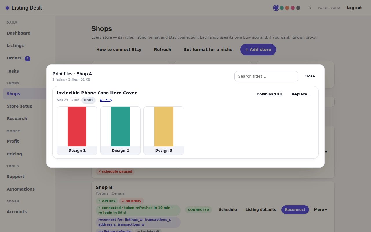 Print files stored per listing with previews