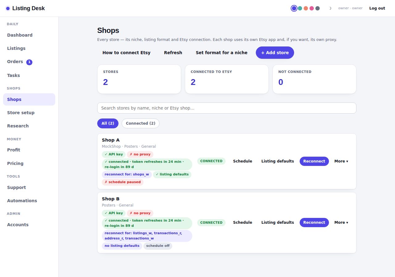 Shops page: each shop with its Etsy connection status and setup checklist